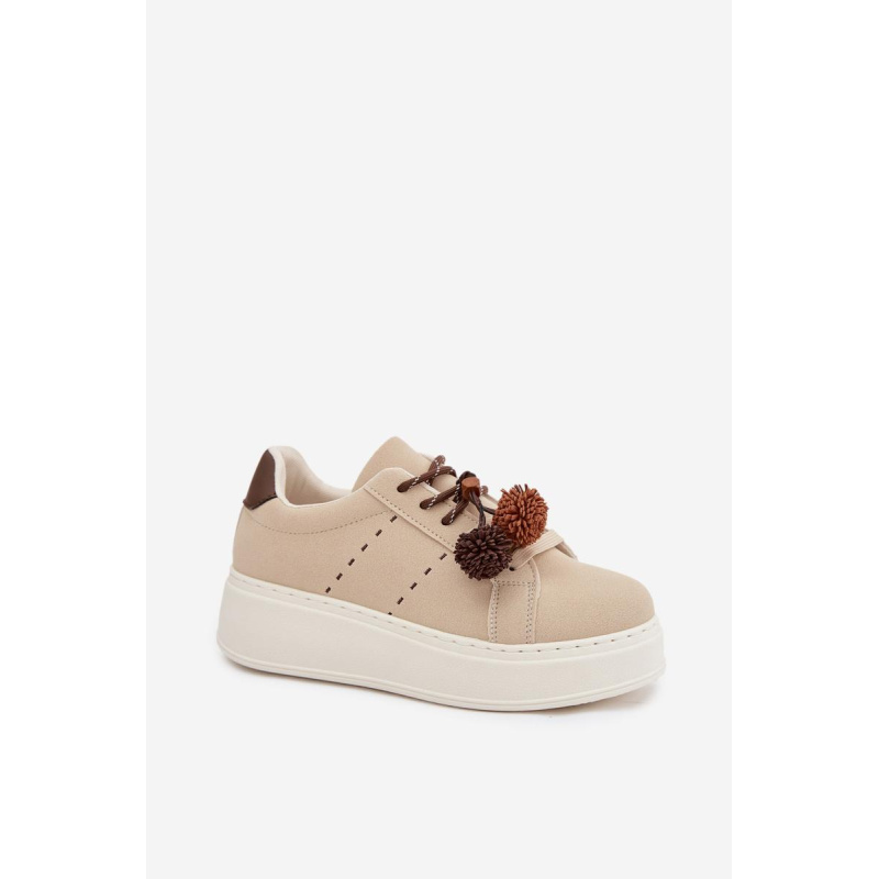 Dámske tenisky na platforme s ozdobnými pomponami béžové Corinna - Béžová