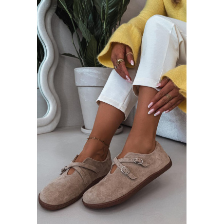 Kožené semišové poltopánky pre ženy Barefoot s remienkami Zazoo N1271 Béžové - Béžová