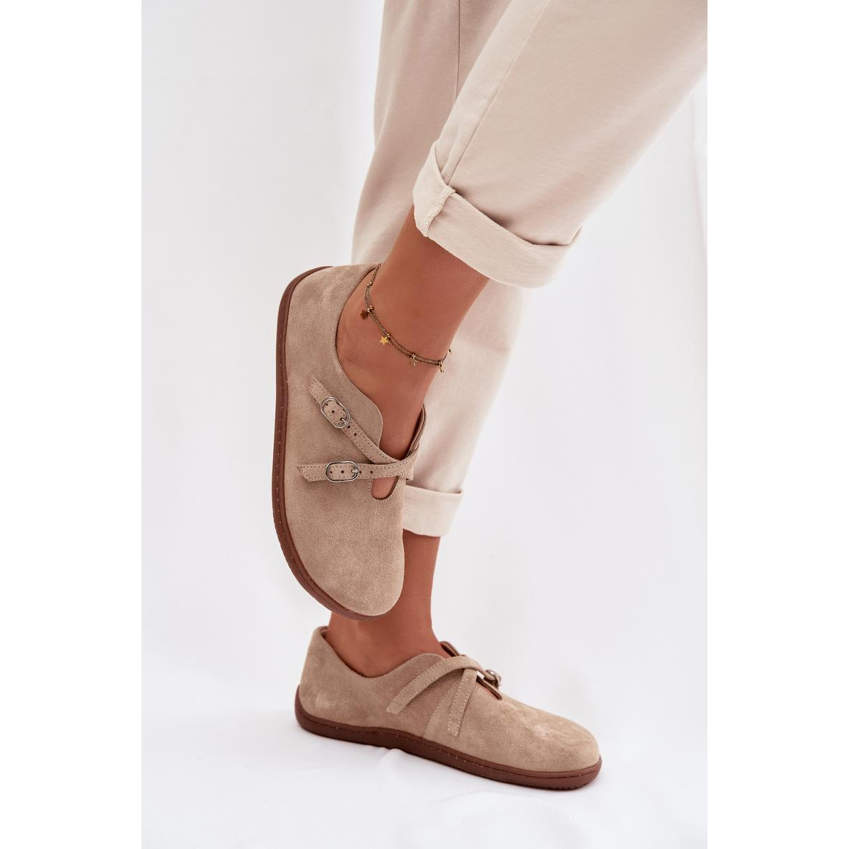 Kožené semišové poltopánky pre ženy Barefoot s remienkami Zazoo N1271 Béžové - Béžová