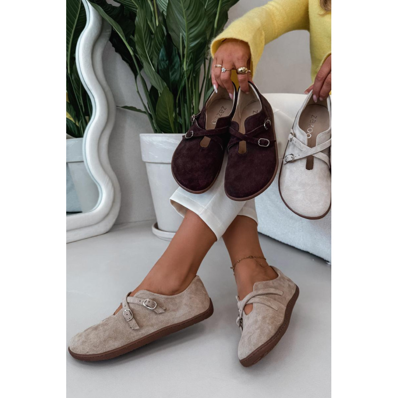 Kožené semišové poltopánky pre ženy Barefoot s remienkami Zazoo N1271 Béžové - Béžová