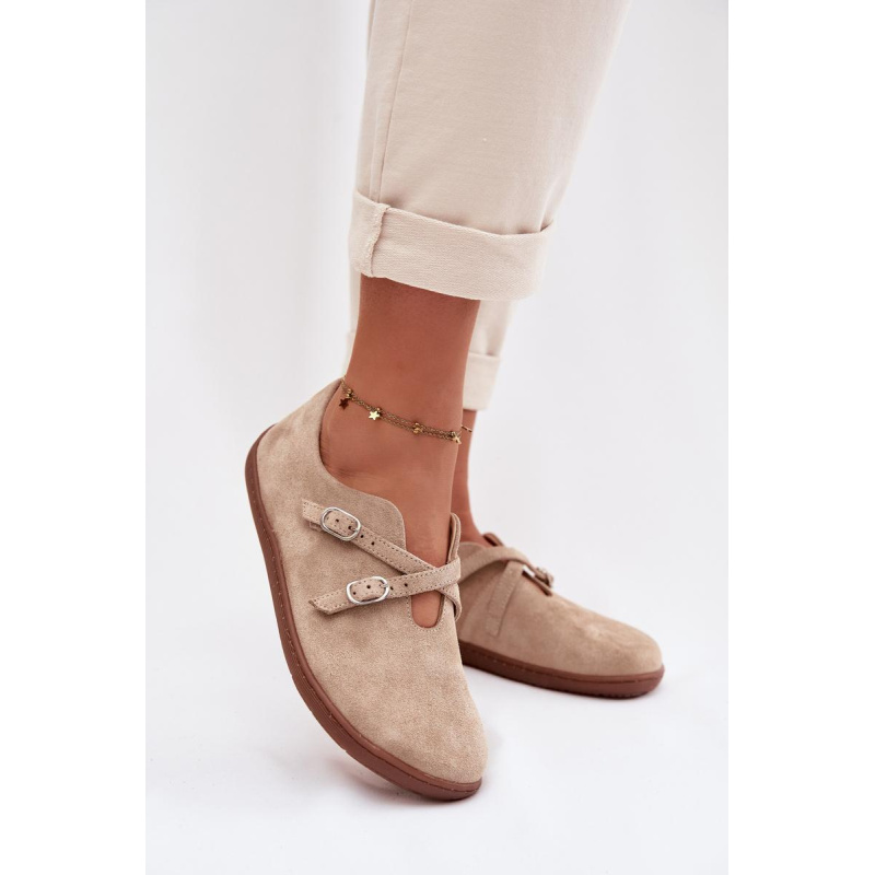 Kožené semišové poltopánky pre ženy Barefoot s remienkami Zazoo N1271 Béžové - Béžová