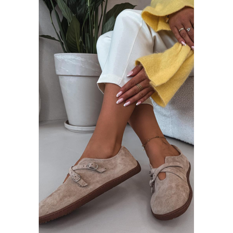 Kožené semišové poltopánky pre ženy Barefoot s remienkami Zazoo N1271 Béžové - Béžová