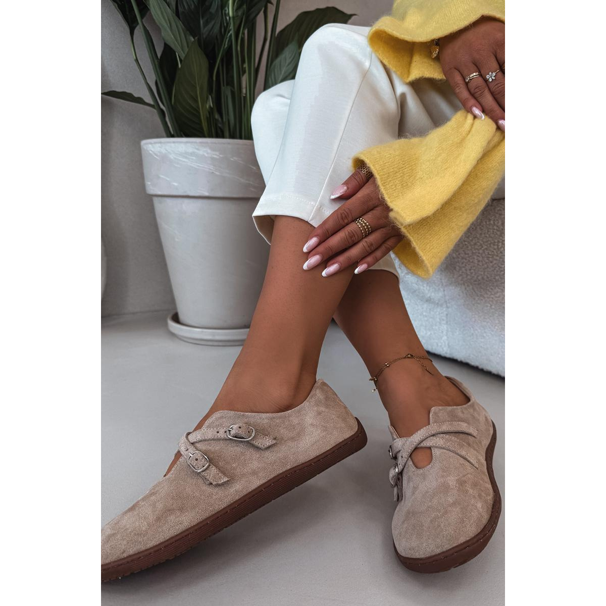 Kožené semišové poltopánky pre ženy Barefoot s remienkami Zazoo N1271 Béžové - Béžová