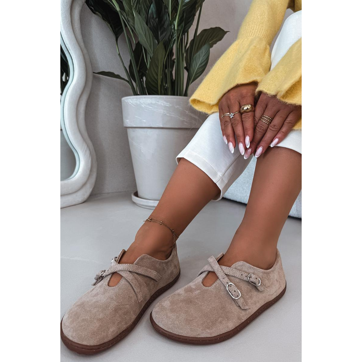 Kožené semišové poltopánky pre ženy Barefoot s remienkami Zazoo N1271 Béžové - Béžová