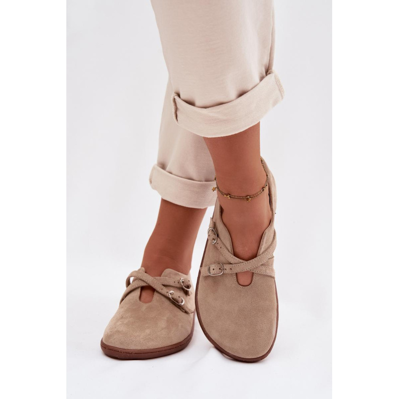 Kožené semišové poltopánky pre ženy Barefoot s remienkami Zazoo N1271 Béžové - Béžová