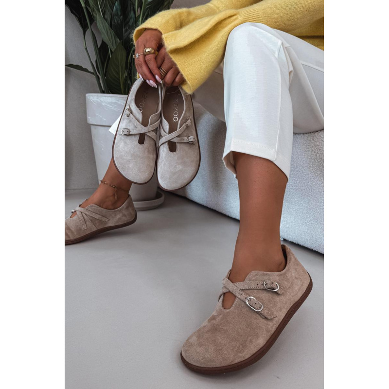 Kožené semišové poltopánky pre ženy Barefoot s remienkami Zazoo N1271 Béžové - Béžová