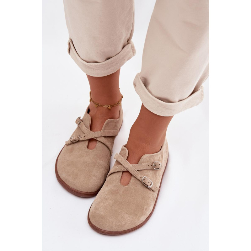 Kožené semišové poltopánky pre ženy Barefoot s remienkami Zazoo N1271 Béžové - Béžová