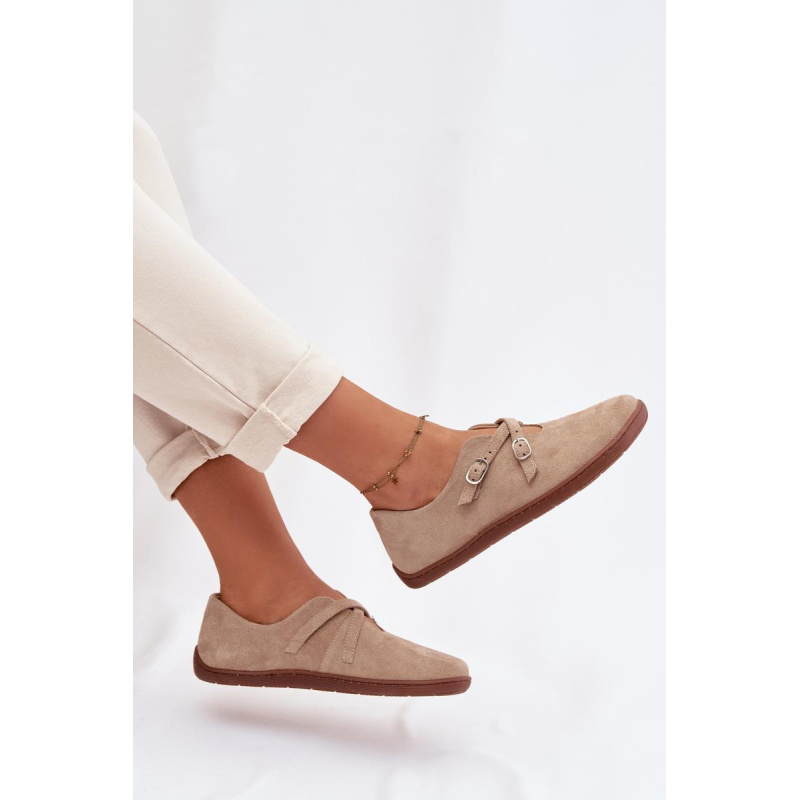 Kožené semišové poltopánky pre ženy Barefoot s remienkami Zazoo N1271 Béžové - Béžová
