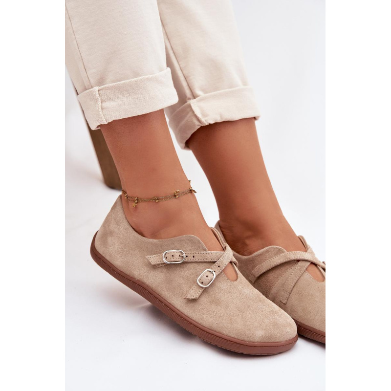 Kožené semišové poltopánky pre ženy Barefoot s remienkami Zazoo N1271 Béžové - Béžová