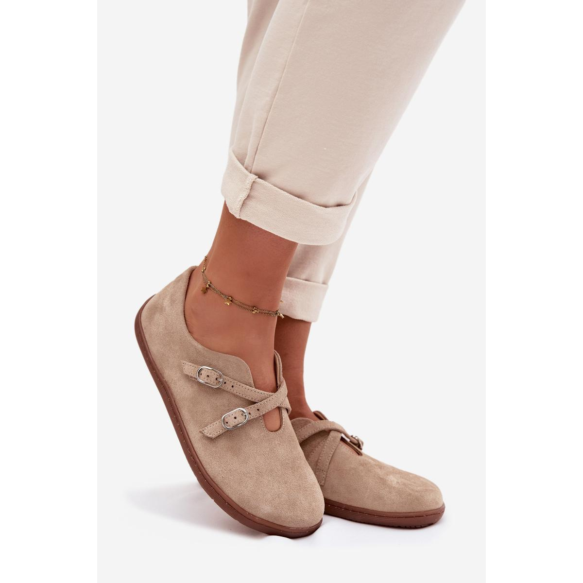 Kožené semišové poltopánky pre ženy Barefoot s remienkami Zazoo N1271 Béžové - Béžová