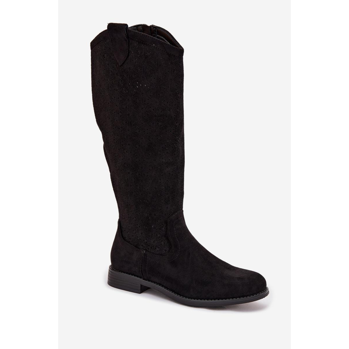Dámske čižmy s otvoreným vzorom na plochom opätku S.Barski HY61-8022 Čierne - Čierna