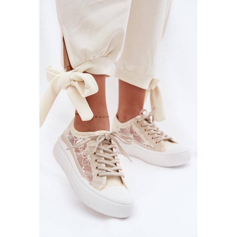 Dámske Tenisky S Čipkou Na Platforme Lee Cooper LCW-26-44-4481 Béžové - Béžová