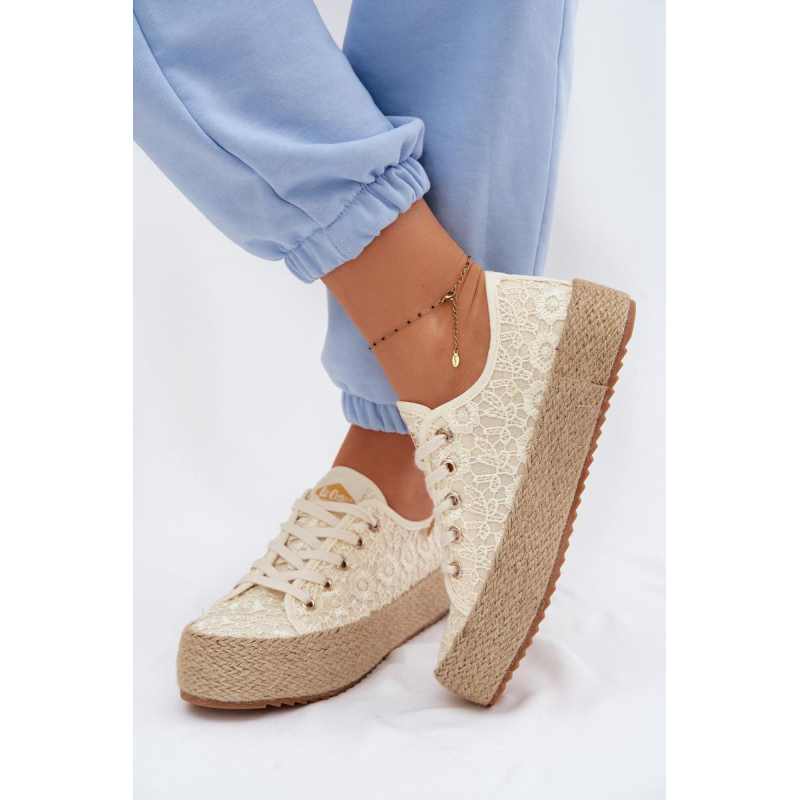 Čipkované tenisky Espadrilles na platforme Lee Cooper LCW-26-31-4328 Béžové - Béžová