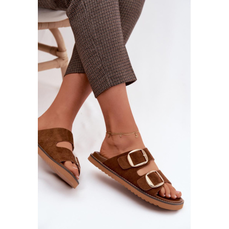 Dámske šľapky z imitácie semišu so zlatými sponami Camel Averia - Odtiene hnedej a béžovej