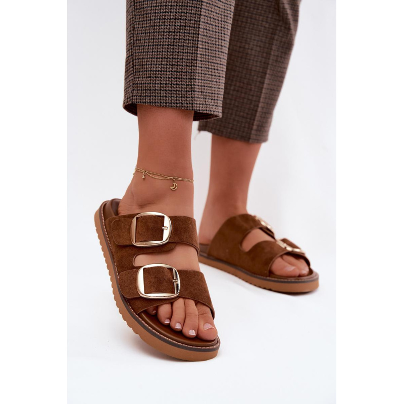 Dámske šľapky z imitácie semišu so zlatými sponami Camel Averia - Odtiene hnedej a béžovej
