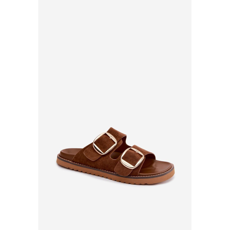Dámske šľapky z imitácie semišu so zlatými sponami Camel Averia - Odtiene hnedej a béžovej