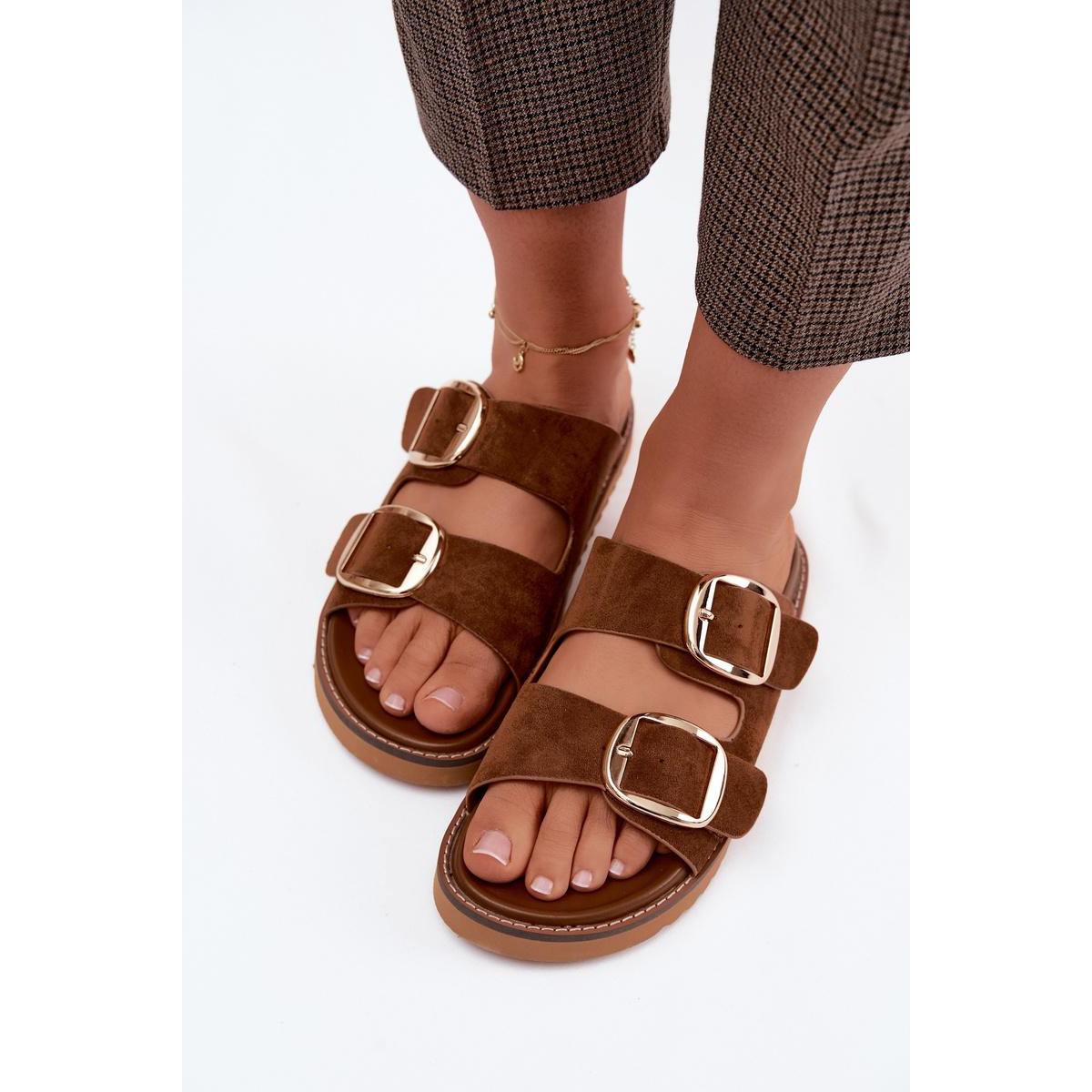 Dámske šľapky z imitácie semišu so zlatými sponami Camel Averia - Odtiene hnedej a béžovej