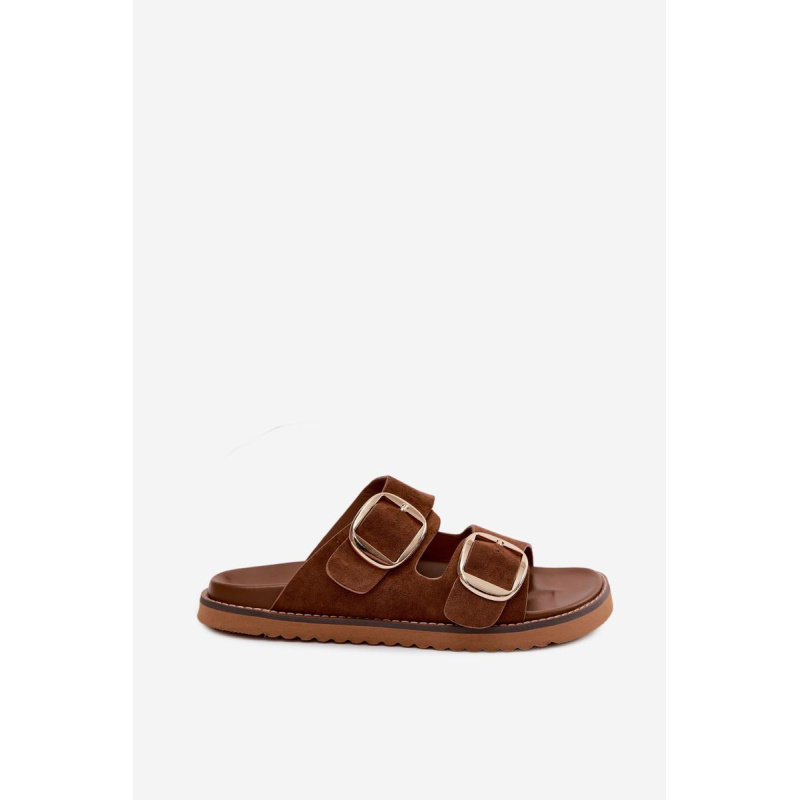 Dámske šľapky z imitácie semišu so zlatými sponami Camel Averia - Odtiene hnedej a béžovej