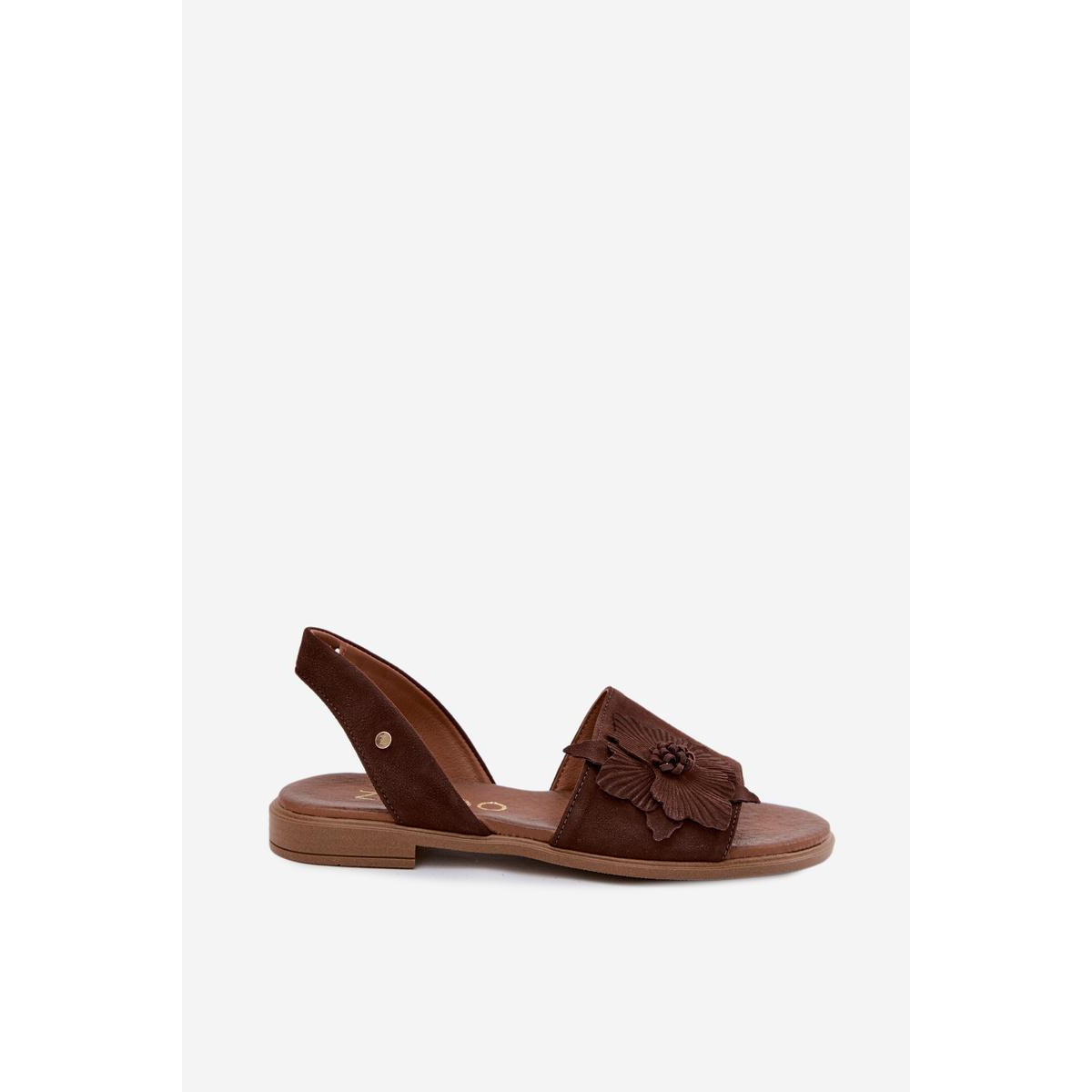 Kožené semišové sandále na nízkom podpätku s ozdobným kvetom Zazoo 407471 Čokoládové - Odtiene hnedej a béžovej