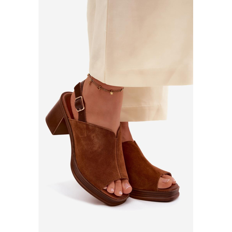 Kožené semišové sandále na opätku Vinceza 39995 Camel - Odtiene hnedej a béžovej