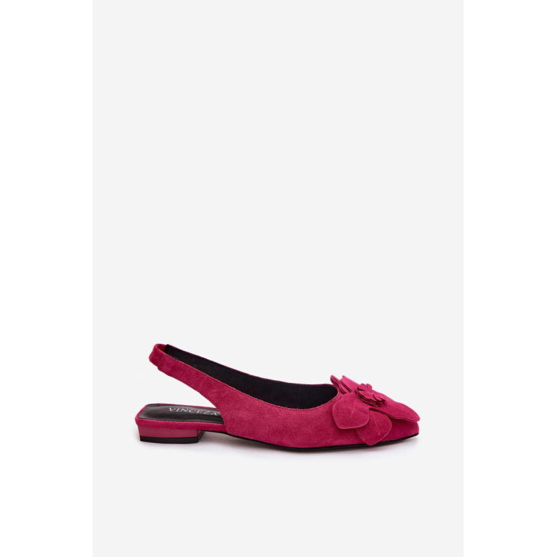 Kožené semišové sandále na plochom podpätku s ozdobným kvetom Vinceza 66951 Fuksia - Odtiene ružovej