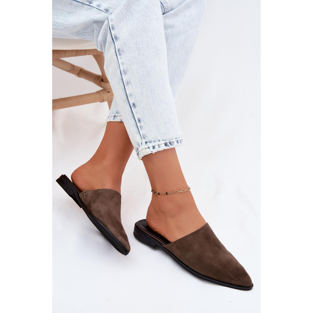 Kožené semišové dámske muly ploché D&A JC61-1004 khaki