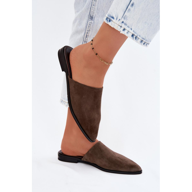 Kožené semišové dámske muly ploché D&A JC61-1004 khaki