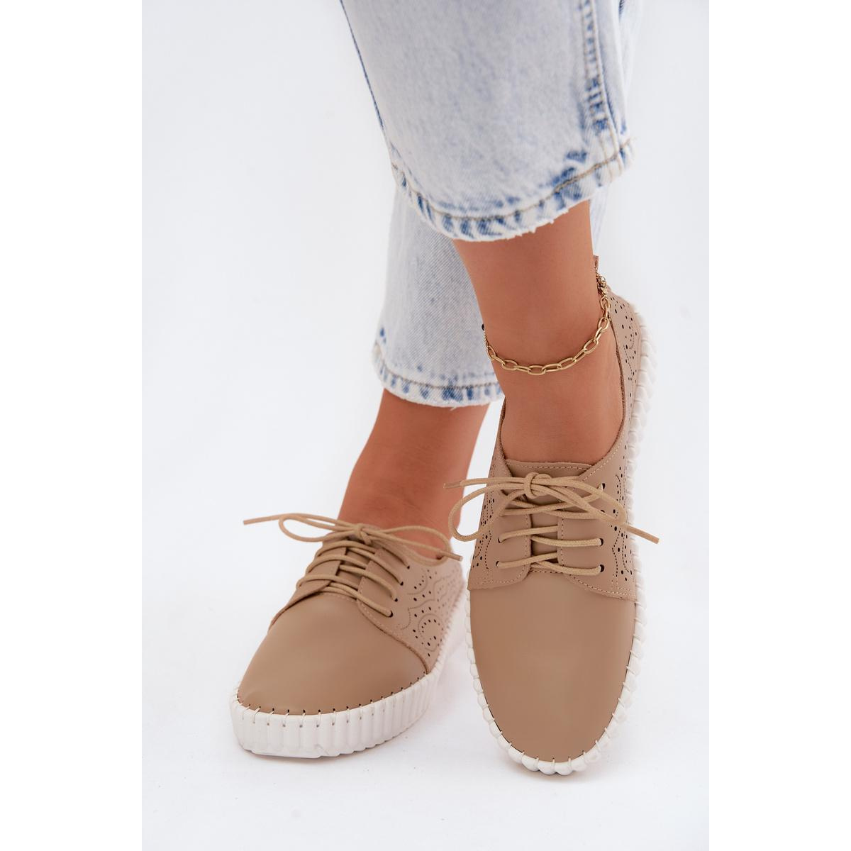 Dámske perforované poltopánky na šnúrky Tmavobéžové Pearla - Béžová
