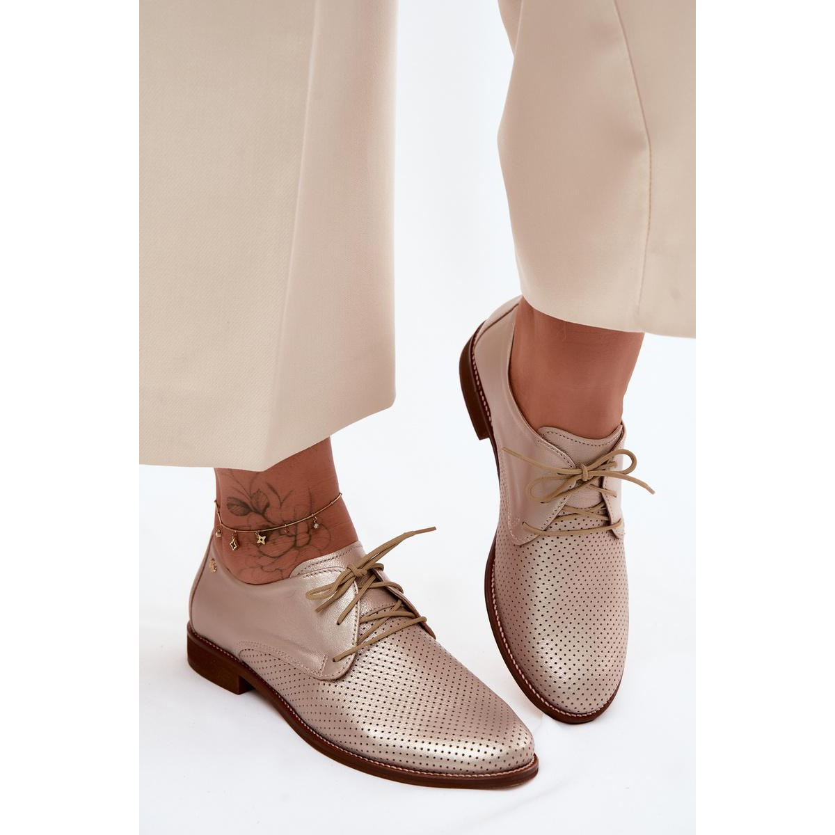 Kožené Dámske Elegantné Šnurovacie Topánky Zazoo 4238 Zlato - Zlatá