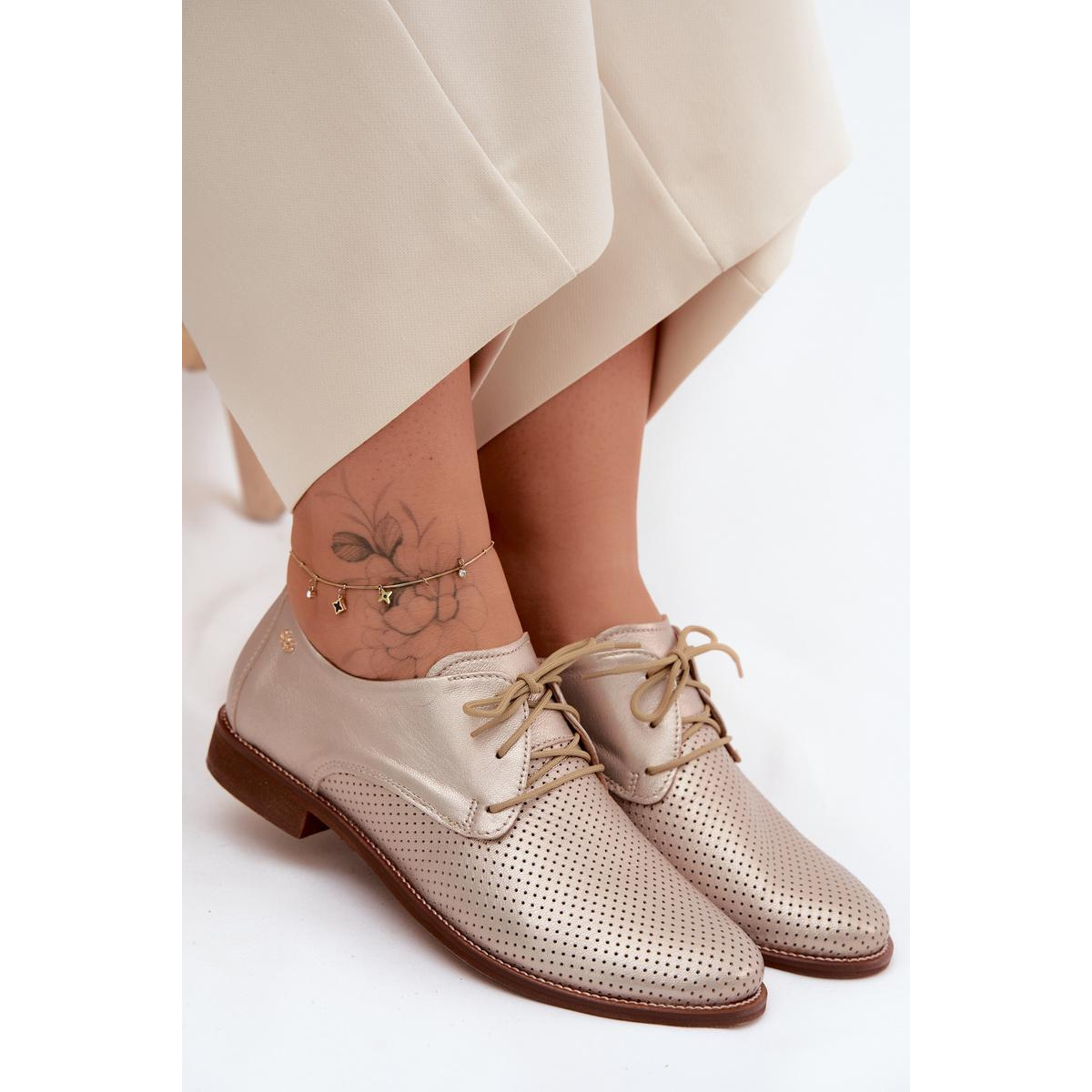 Kožené Dámske Elegantné Šnurovacie Topánky Zazoo 4238 Zlato - Zlatá