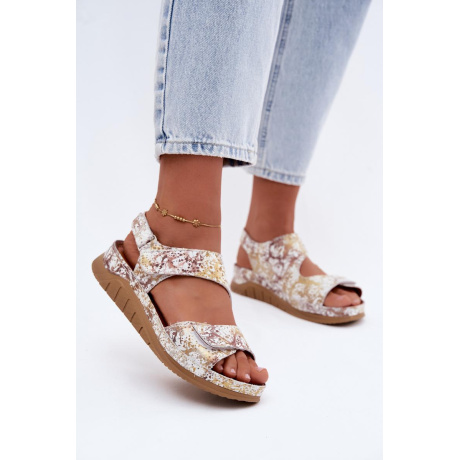 Kožené dámske platformové sandále s Velcro Maciejka L4495-32 Bielo-Zlaté - Biela || Zlatá