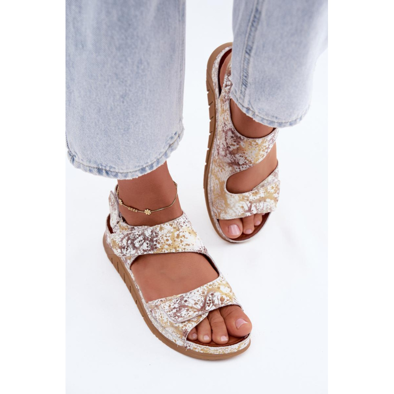 Kožené dámske platformové sandále s Velcro Maciejka L4495-32 Bielo-Zlaté - Biela || Zlatá