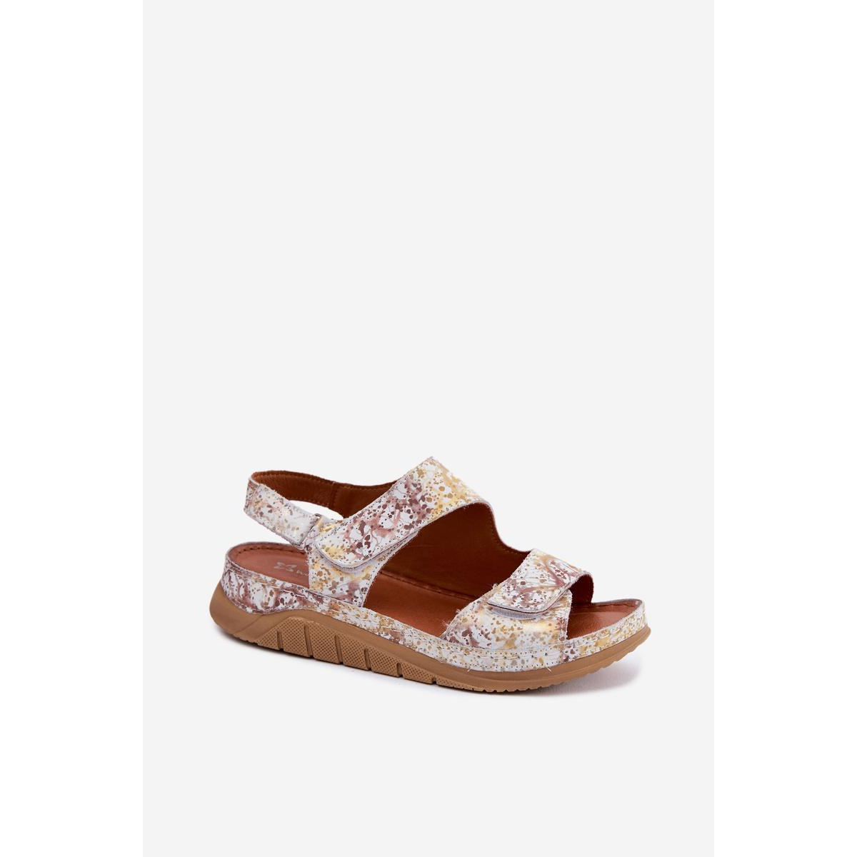 Kožené dámske platformové sandále s Velcro Maciejka L4495-32 Bielo-Zlaté - Biela || Zlatá
