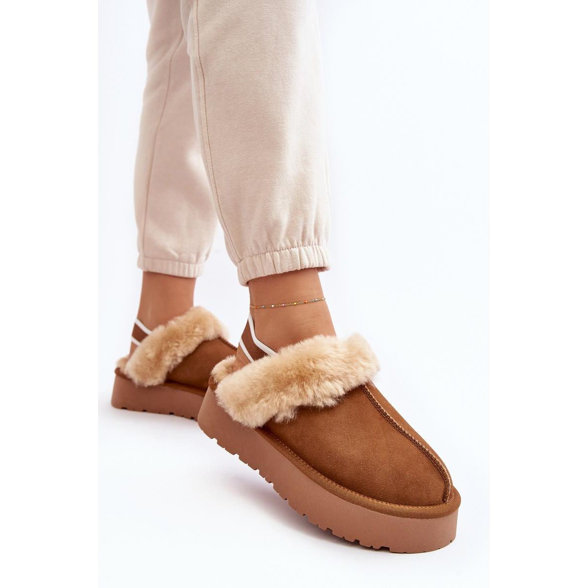 Kožené Semišové Papuče Dámske Na Platforme S Kožušinou Camel Sophienne - Odtiene hnedej a béžovej