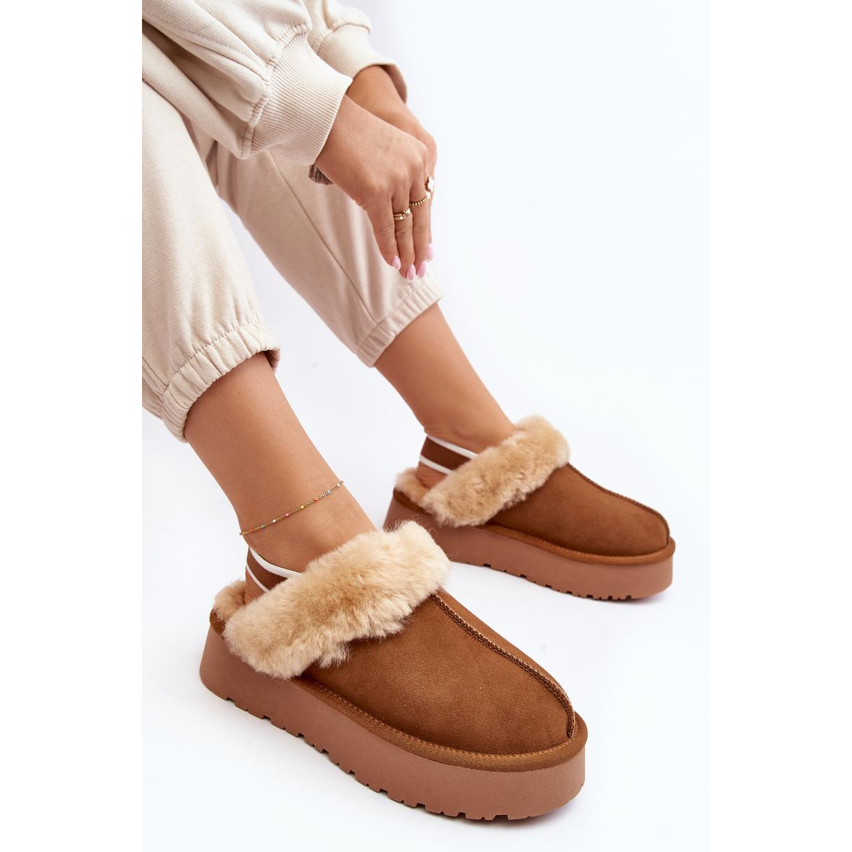 Kožené Semišové Papuče Dámske Na Platforme S Kožušinou Camel Sophienne - Odtiene hnedej a béžovej