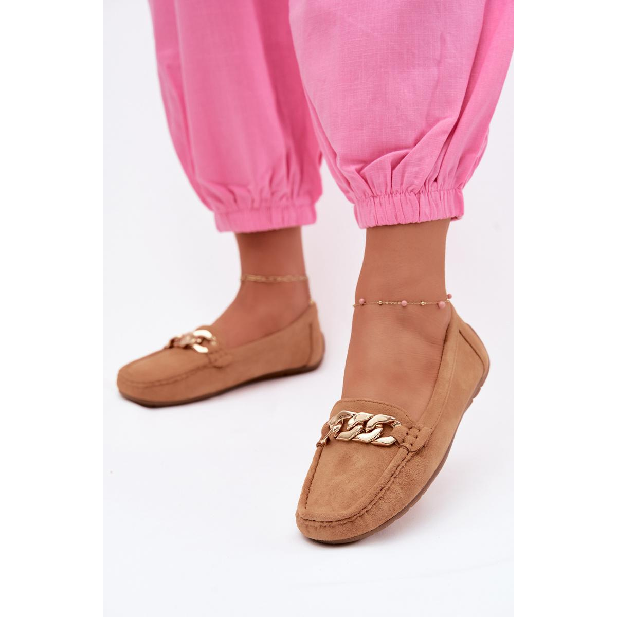 Dámske mokasíny so zlatým reťazom a imitáciou semiše Camel Amaretto - Odtiene hnedej a béžovej