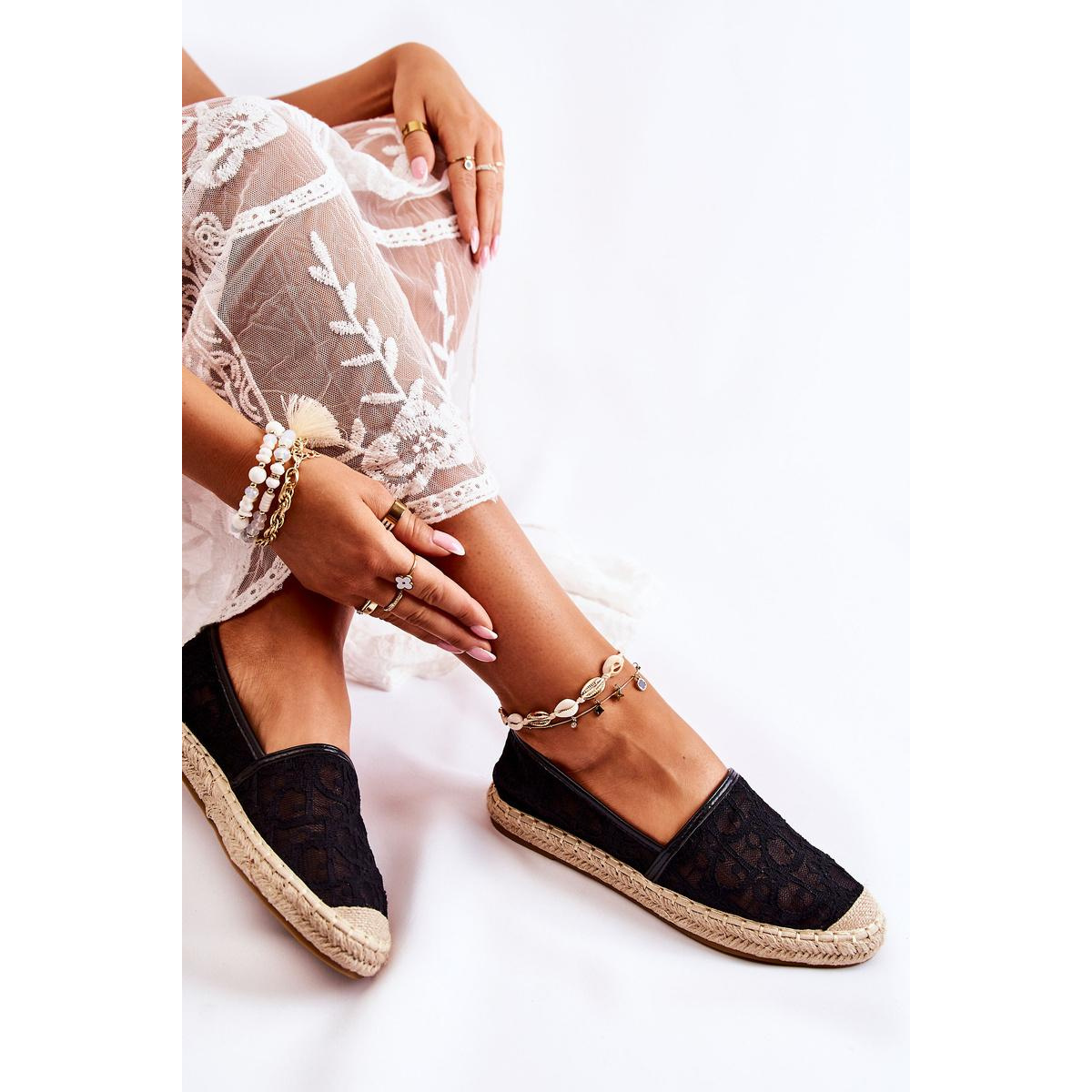 Klasické dámske čierne catris Openwork Espadrilles - Čierna
