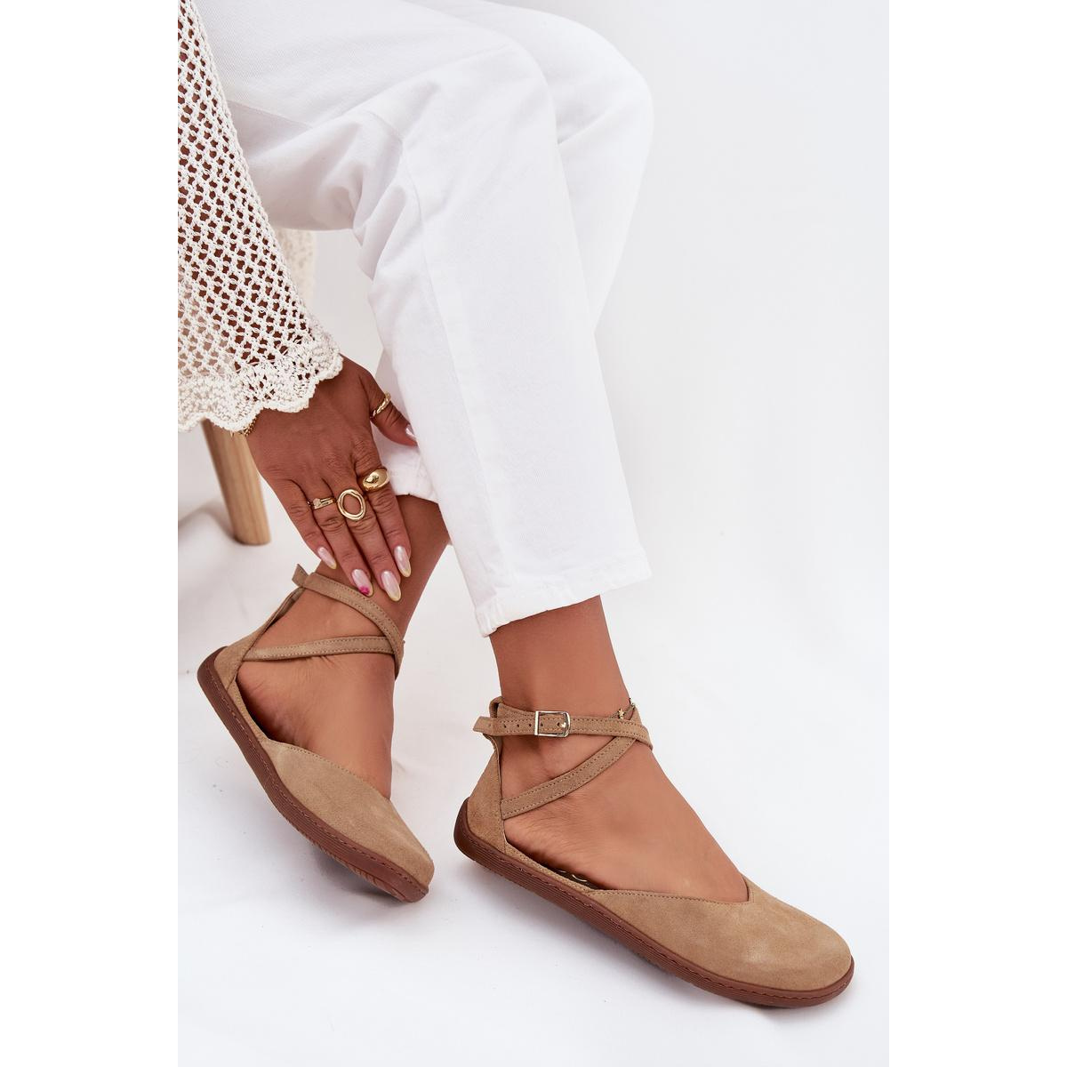 Kožené Dámske Baleríny Barefoot S Remienkami Zazoo 320 Béžové - Béžová