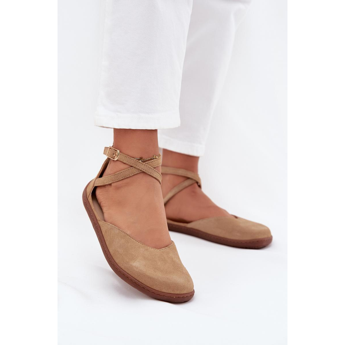Kožené Dámske Baleríny Barefoot S Remienkami Zazoo 320 Béžové - Béžová