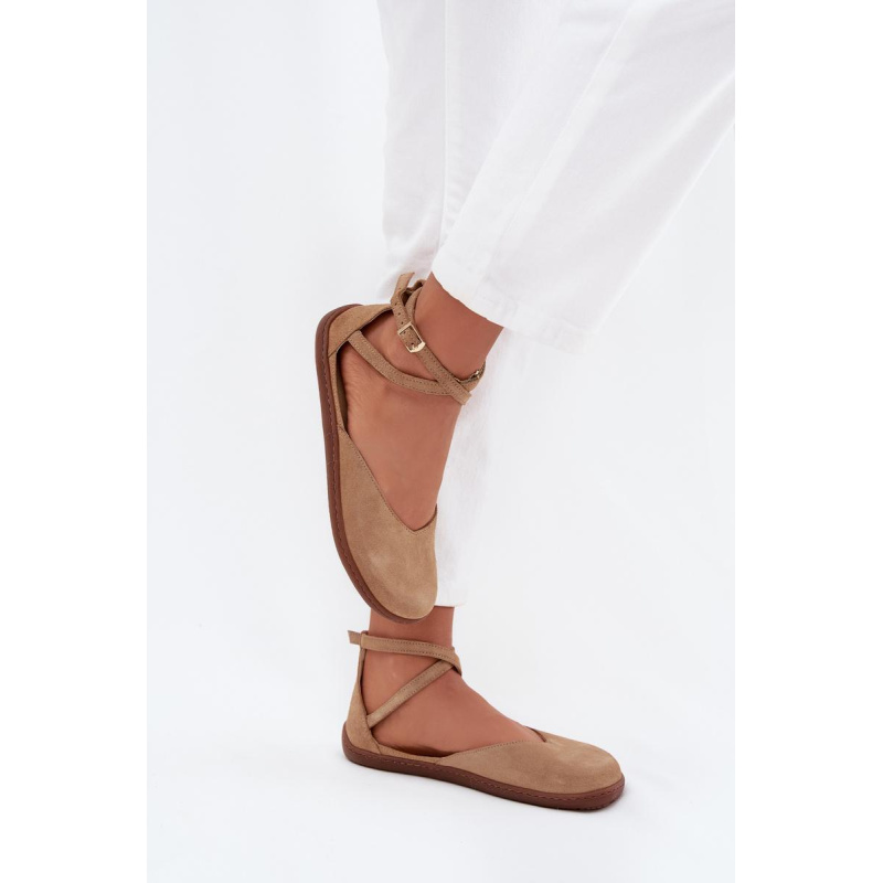 Kožené Dámske Baleríny Barefoot S Remienkami Zazoo 320 Béžové - Béžová