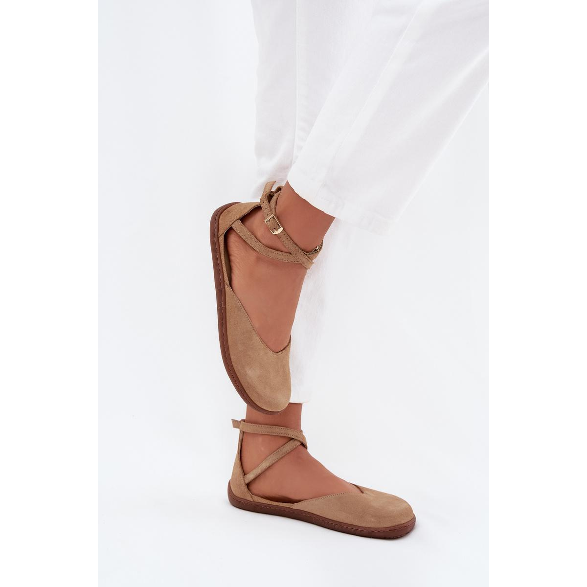 Kožené Dámske Baleríny Barefoot S Remienkami Zazoo 320 Béžové - Béžová