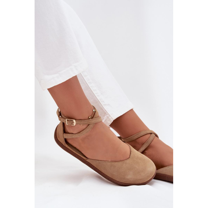 Kožené Dámske Baleríny Barefoot S Remienkami Zazoo 320 Béžové - Béžová