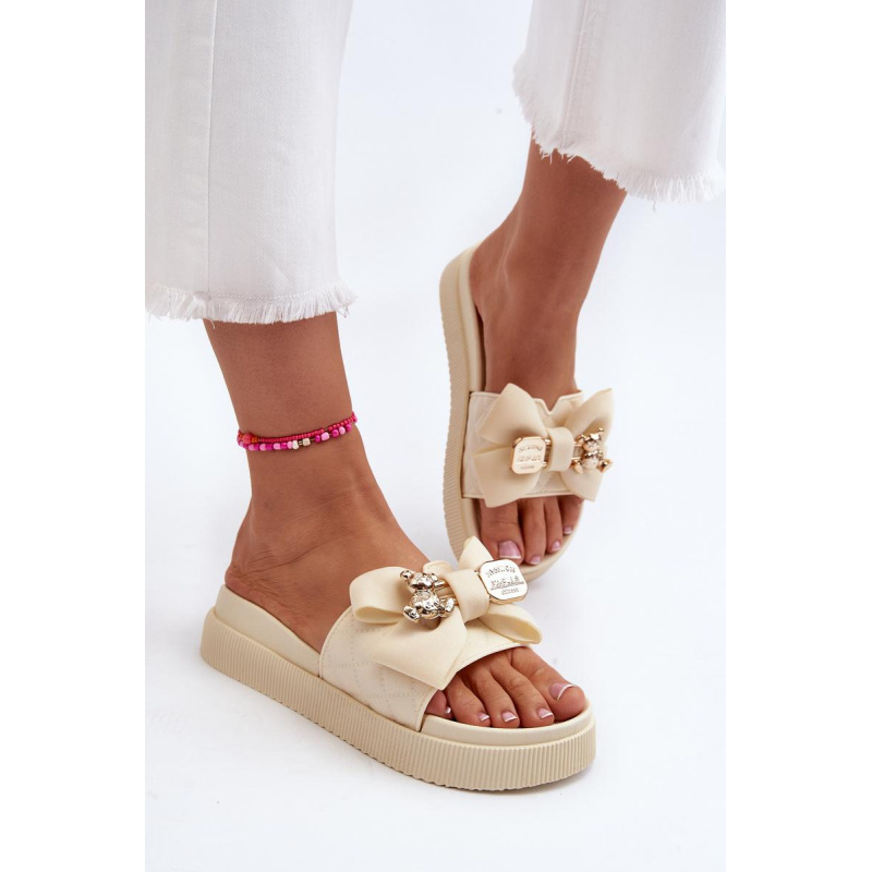 Dámske Papuče S Mašľou a Medveďom Beige Katterina - Béžová