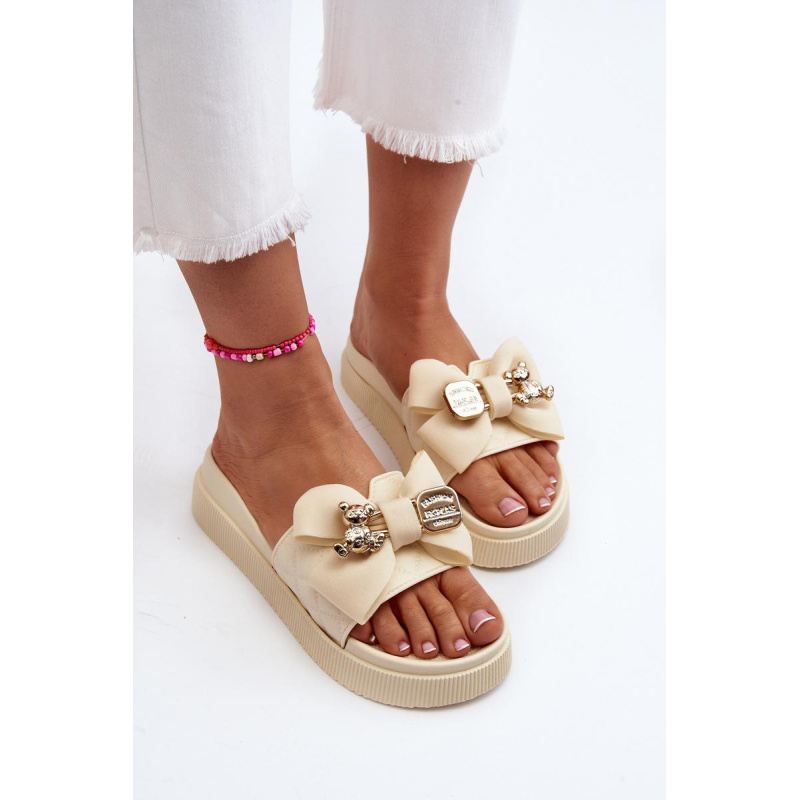 Dámske Papuče S Mašľou a Medveďom Beige Katterina - Béžová