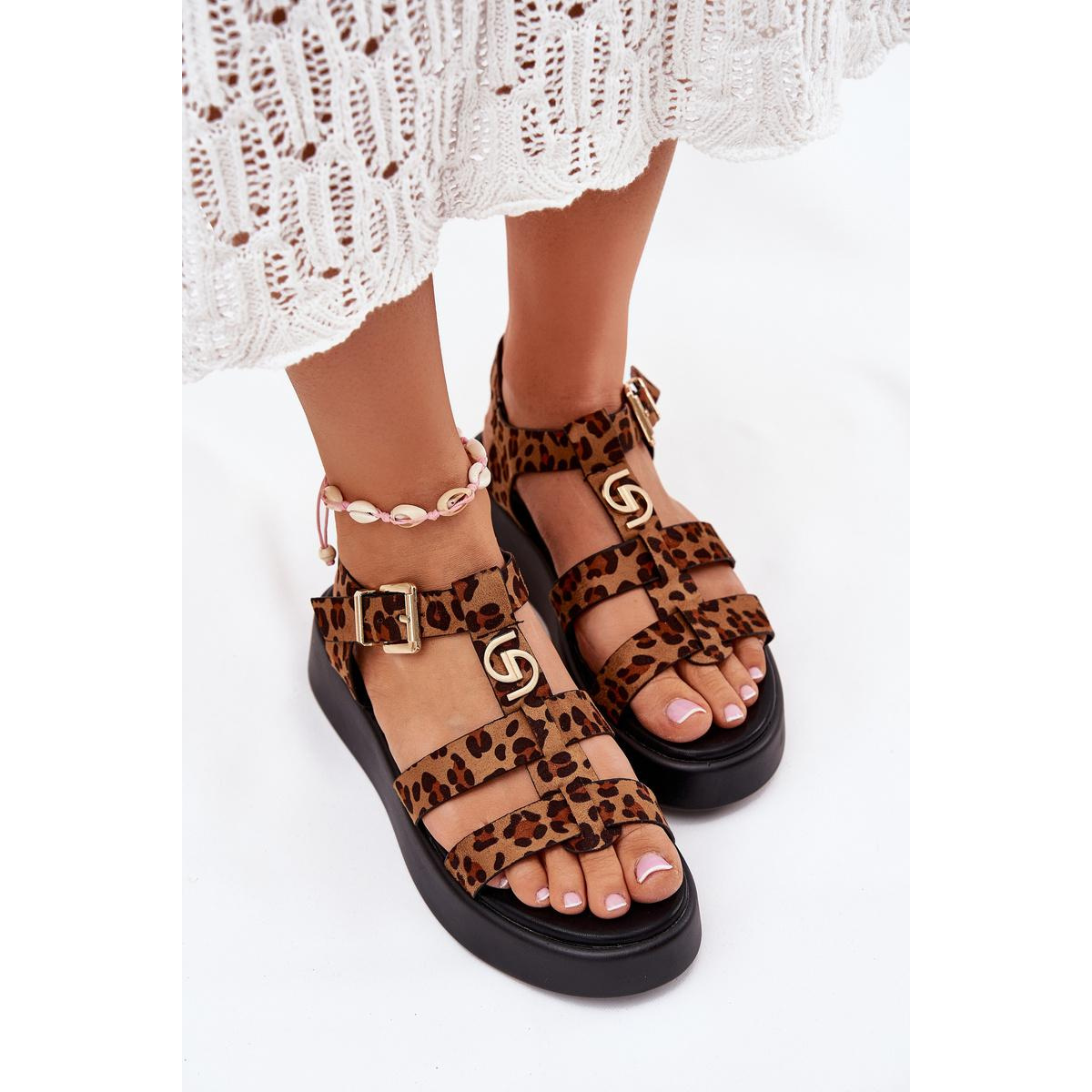 Dámske Sandále Na Platforme So Zlatým Detailom Leopard Fevire - Odtiene hnedej a béžovej