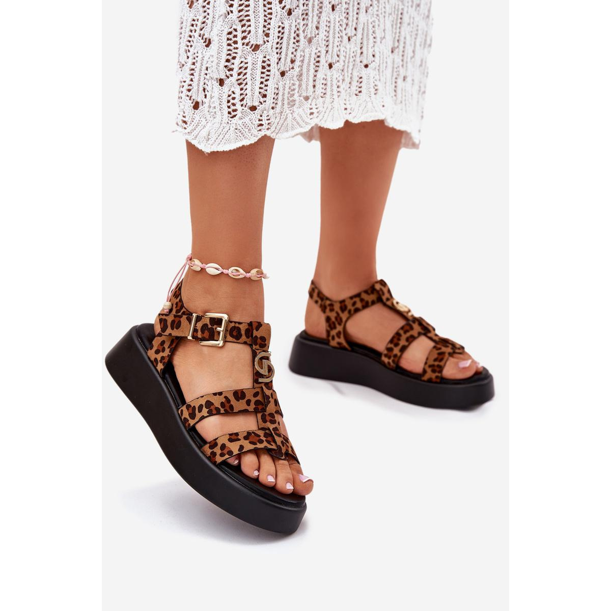 Dámske Sandále Na Platforme So Zlatým Detailom Leopard Fevire - Odtiene hnedej a béžovej