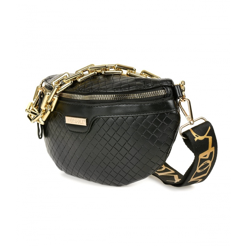 Čierna dámska ľadvinka s pleteným vzorom. Cez telo, crossbody kabelka, na rameno.