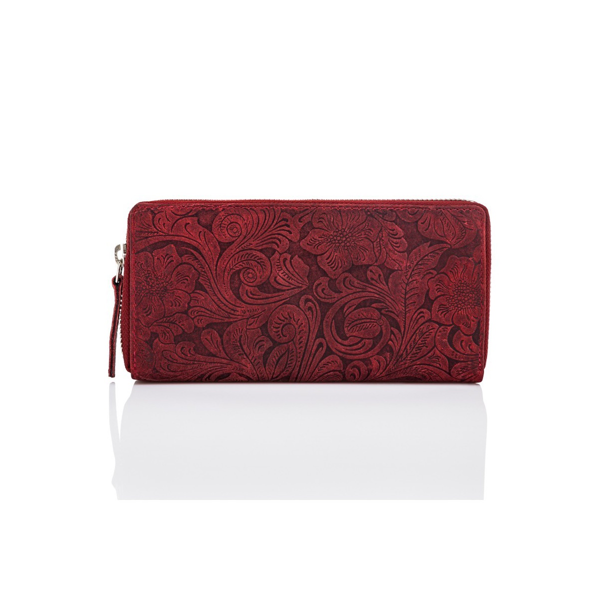 Kožená červená dámska peňaženka na zips, s kvetinovým vzorom.