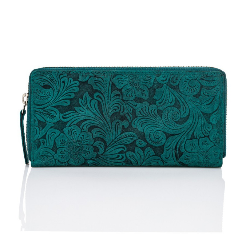 Kožená zelená dámska peňaženka na zips, s kvetinovým vzorom