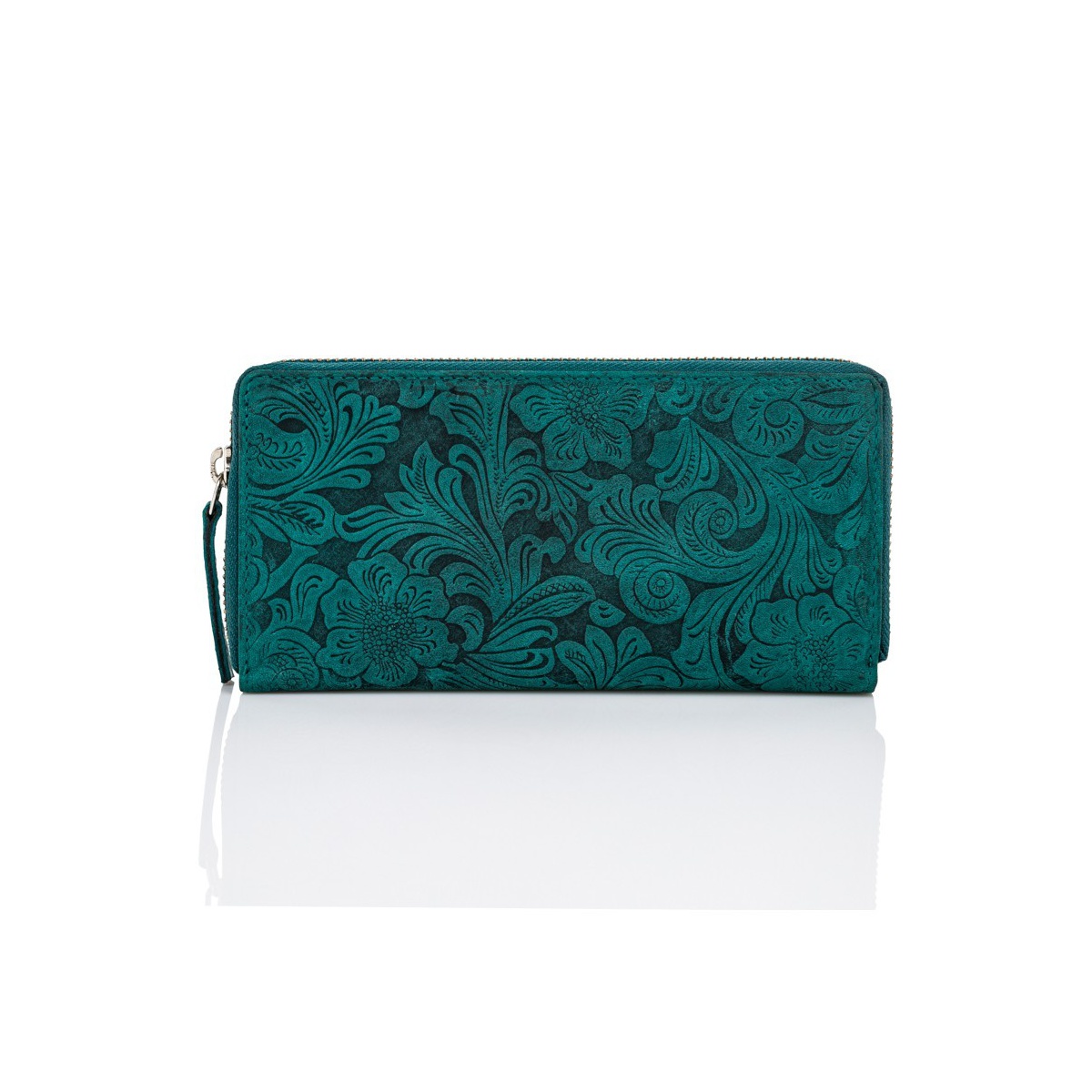 Kožená zelená dámska peňaženka na zips, s kvetinovým vzorom